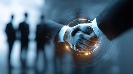 Poster - Close-Up Handshake with Glowing Tech Rings in Business Context