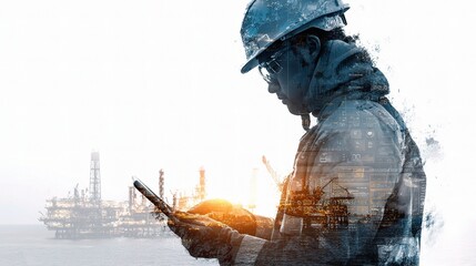 Poster - Engineer in Helmet Using Tablet at Offshore Oil Platform