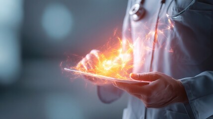 Poster - Abstract Medical Sketch of Doctors with Glowing Hands over Tablet