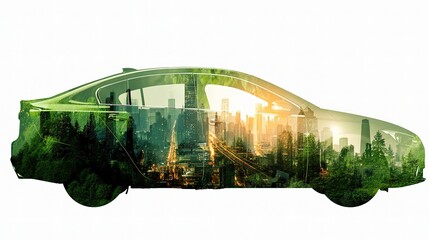 Poster - Electric Green Car Silhouette with Layered Glowing Cityscape