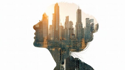 Poster - Female Profile Silhouette with Cityscape Background Artistry