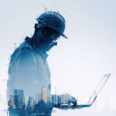 Poster - Engineering Worker in City Double Exposure with Laptop