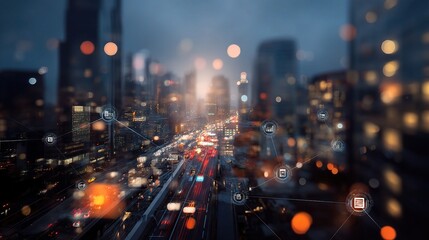 Poster - Futuristic Cityscape at Night with Business Technology Elements