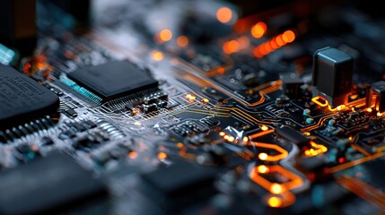 Poster - Close-Up of Laptop Motherboard Elements with Glowing Details