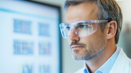 Poster - Male Scientist in Protective Glasses Engaged in Digital Data Visualization and Innovative Research