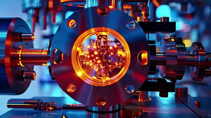 Poster - High-tech laboratory showcasing intricate equipment and glowing particles, filmed in 4K resolution with stunning detail and vibrant colors