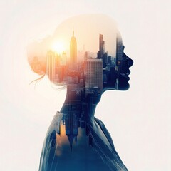 Poster - Female Silhouette with Cityscape in Double Exposure Art Style