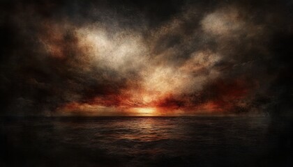 dramatic sunset over a stormy sea. a fiery, ominous sunset bleeds across a tumultuous sea, shrouded 