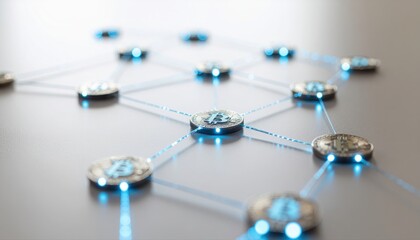 Poster - Close-up view of interconnected digital currency coins linked by glowing lines representing blockchain technology and digital finance on a flat surface