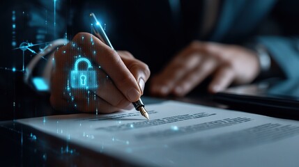 Poster - Double Exposure of Businessman Signing Contract with Digital Elements