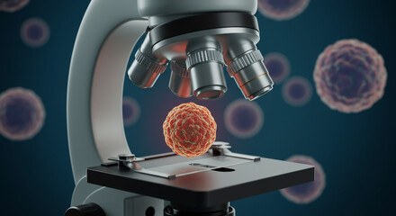 Poster - Microscope examining a cell deep blue background detailed 3D render scientific research