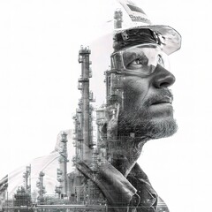 Poster - Double Exposure of Worker in Oil and Gas Industry with Refinery Background
