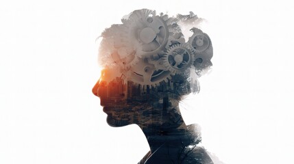 Poster - Human Silhouette with Abstract Gears Representing Thought Process
