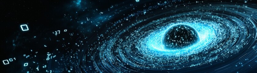 Wall Mural - An artistic view of the cosmos, showing a glowing swirl representing a galaxy. The image has a dark blue color with stars scattered all around