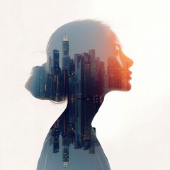 Poster - Female Silhouette with Double Exposure Against Modern City Background