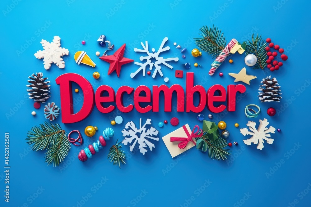 Bright red letters spelling December are surrounded by colorful ornaments, snowflakes, pine branches, and seasonal decorations. The cheerful arrangement showcases the spirit of winter holidays.