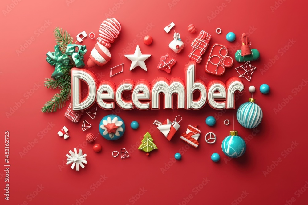 Festive objects and decorations in vibrant colors surround the word December on a bright red background, evoking the joy of the holiday season with a playful arrangement of shapes.