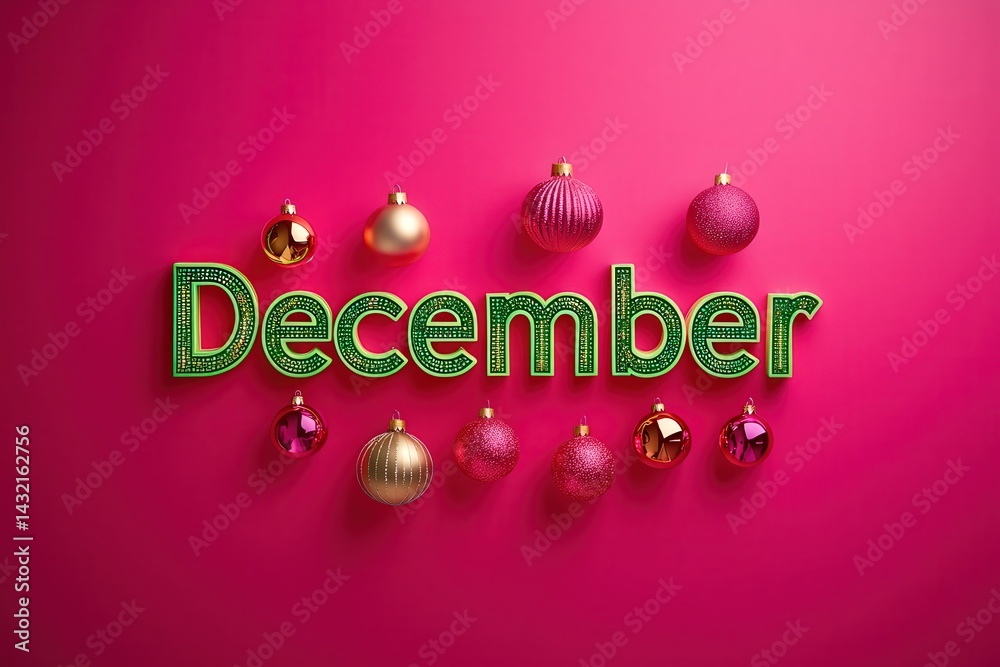 Large green letters spell December, adorned with shiny ornaments in gold, pink, and red, creating a festive atmosphere on a bright pink background, perfect for holiday celebrations.