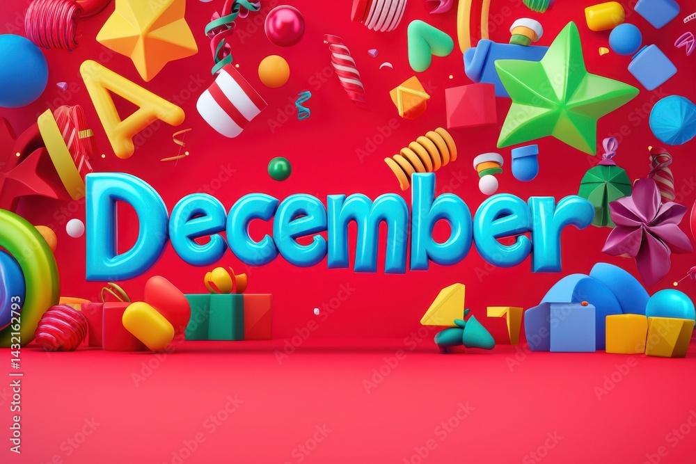 Bright and cheerful decorations create a festive atmosphere for December, featuring colorful shapes like stars, gifts, and candies against a bold red background, evoking holiday spirit.