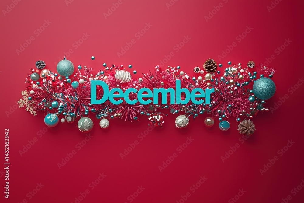 Bright and colorful winter decoration features the word December surrounded by festive elements. Various ornaments and pine cones create a cheerful holiday atmosphere, ideal for seasonal celebrations.
