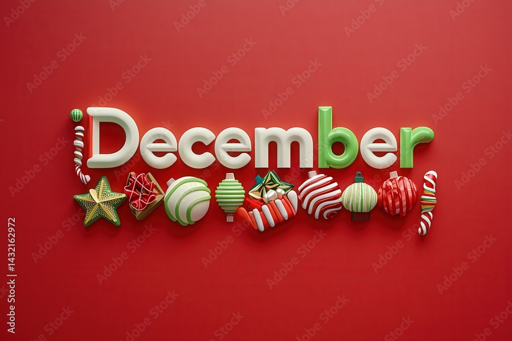 Colorful decorations spelling out December are displayed against a vibrant red background. Various festive elements such as ornaments, candy canes, and stars enhance the cheerful atmosphere.