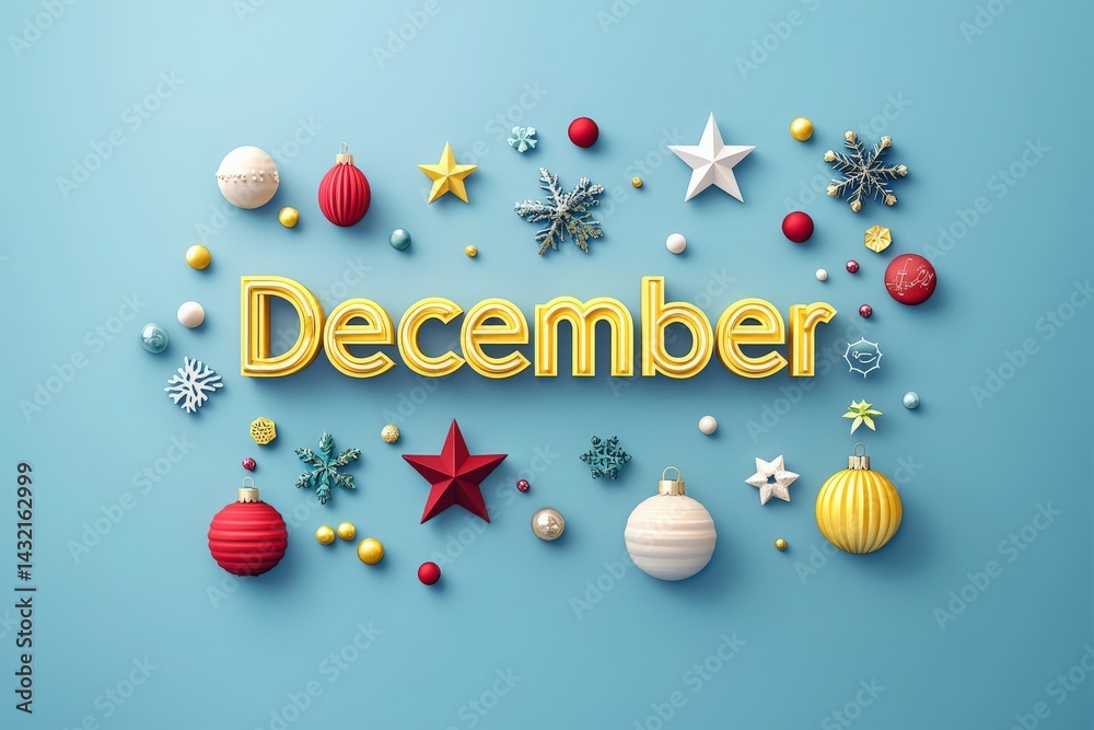 Colorful decorations surround the word December, featuring ornaments, stars, and snowflakes. The vibrant layout evokes the spirit of holiday celebrations and winter festivities.