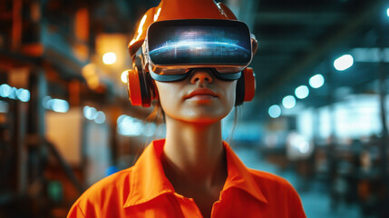 Poster - A woman wearing a VR headset and orange shirt. She is looking at a screen. Scene is futuristic and technological