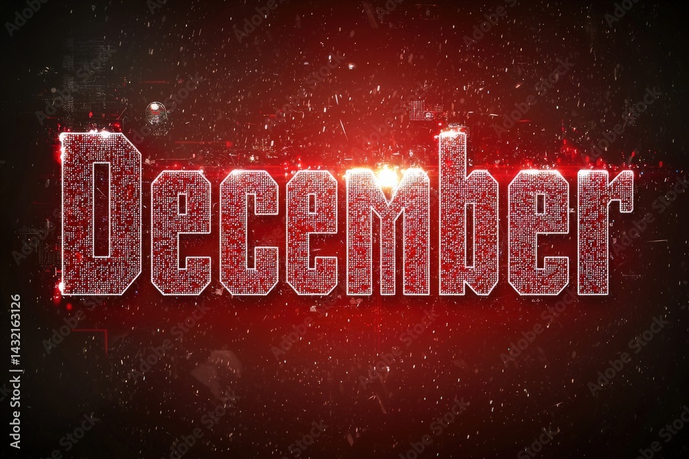 The design features the word December in bold, shimmering letters that stand out against a dark background. Bright light effects enhance the festive feel, suggesting holiday cheer.