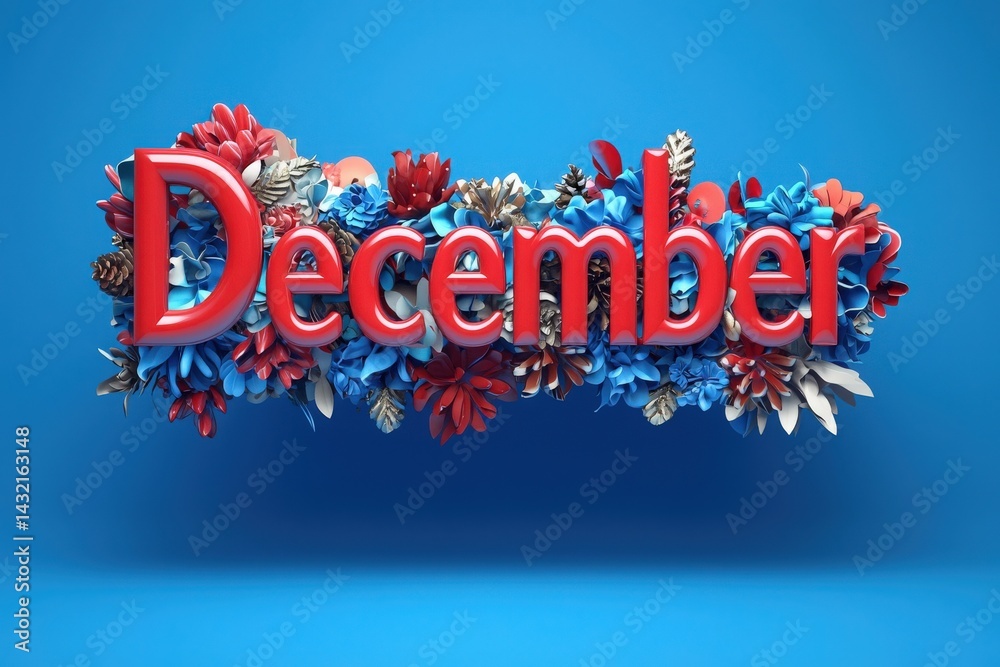 Bright red letters spell out December, surrounded by vibrant blue and red flowers and leaves. The lively decoration captures the essence of winter festivities and the holiday spirit.