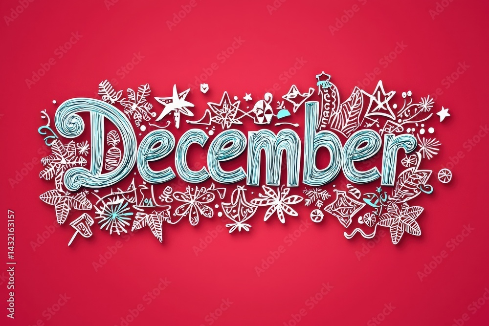 Colorful lettering spells out December against a vibrant red background, surrounded by hand-drawn snowflakes, stars, and holiday motifs, capturing the essence of winter celebrations.