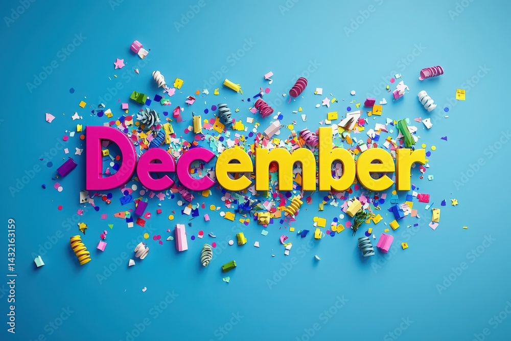 Vibrant decorations spell out December against a bright blue background.