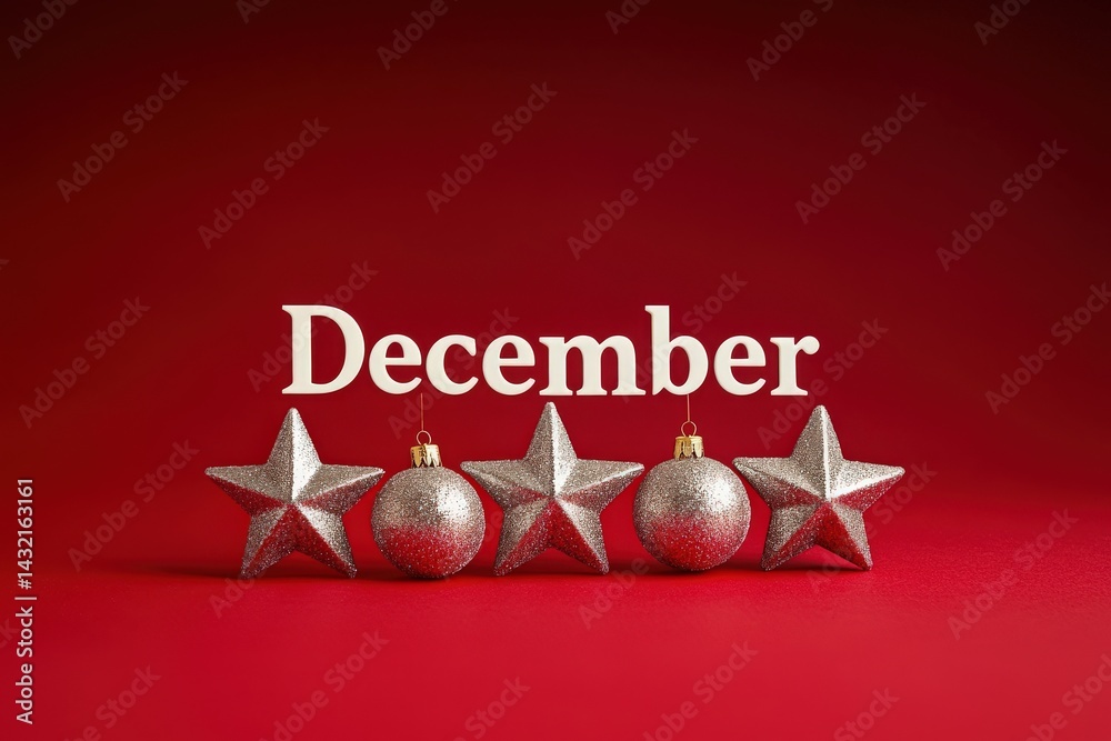 Silver stars and ornaments are arranged on a bright red background with the word December prominently featured. This setup captures the festive spirit of the holiday season.