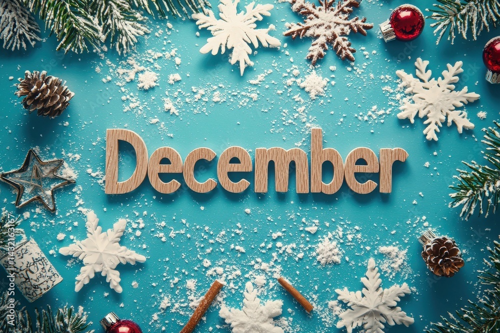 Wooden letters spelling December are arranged on a blue background, surrounded by snowflakes, pine branches, ornaments, and cinnamon sticks to create a festive winter decoration.