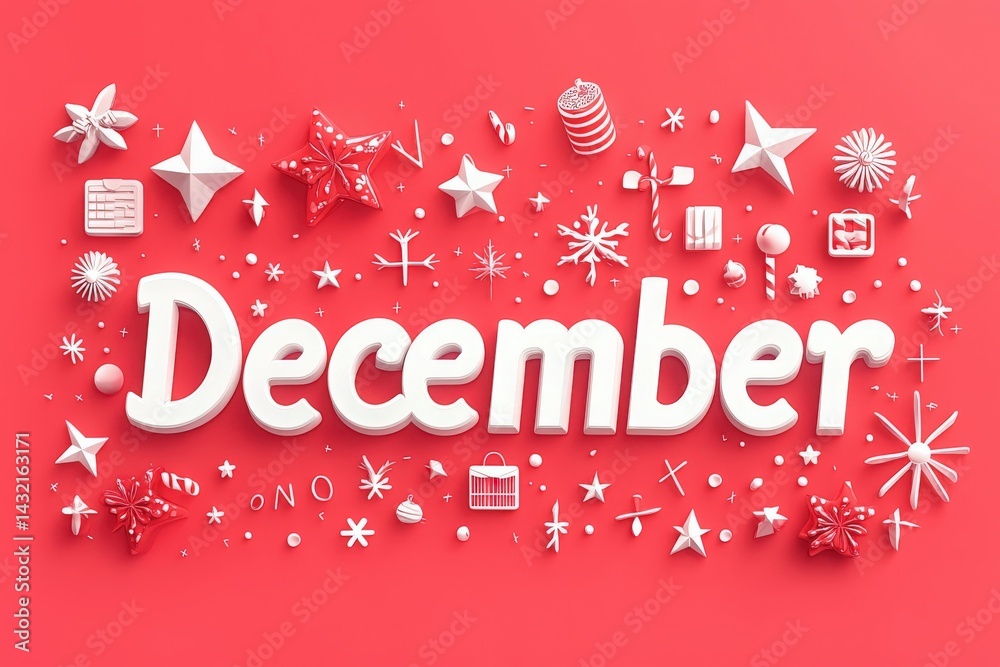 A vibrant red background features the word December in bold, white letters, surrounded by various festive decorations including stars, snowflakes, and ornaments, symbolizing the holiday season.