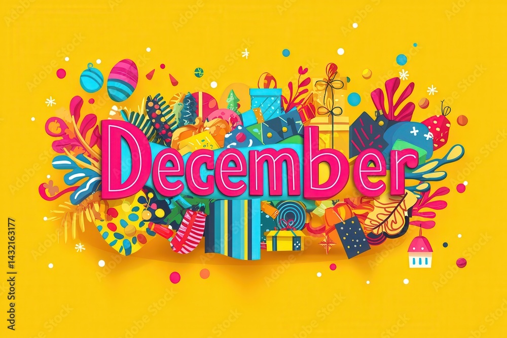 Vibrant decorations fill the background with various gifts and seasonal elements, celebrating the joy of December. Bright colors and playful designs capture the festive spirit of the holiday season.
