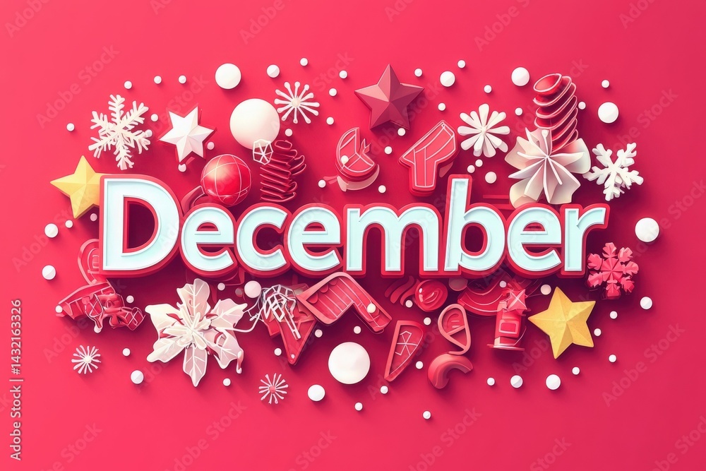Colorful design featuring the word December in bold, with various festive decorations like snowflakes, stars, and ornaments arranged playfully around it, evoking a cheerful holiday spirit.