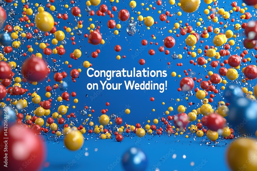 Brightly colored balloons in red, yellow, and blue create a fun background, celebrating a wedding occasion. The cheerful atmosphere is enhanced by scattered confetti and sparkling elements.
