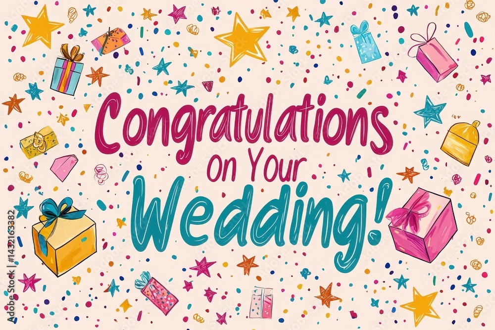 Brightly colored decoration conveys a joyful message celebrating love and commitment. Presents and stars surround the cheerful text, creating a festive atmosphere perfect for a wedding celebration.