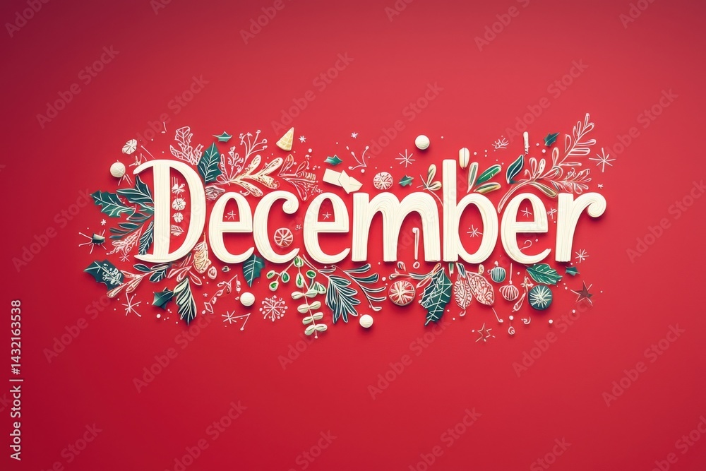 Festive lettering of December adorned with holly, snowflakes, and ornaments set against a vibrant red backdrop. This seasonal design captures the spirit of winter and holiday celebrations beautifully.