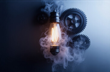Poster - A bright light bulb emits a warm glow, encircled by smoke and mechanical gears, set against a shadowy background, evoking industrial ingenuity and innovation.