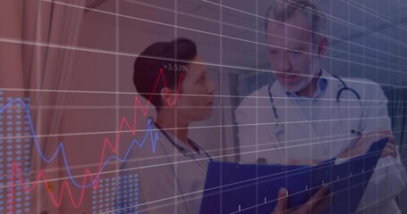Poster - Doctor pair reviewing clipboard in hospital, wearing stethoscopes with animated data grid overlay