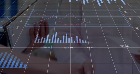 Poster - woman professional holding smartphone by desk in modern office, projecting animated finance charts