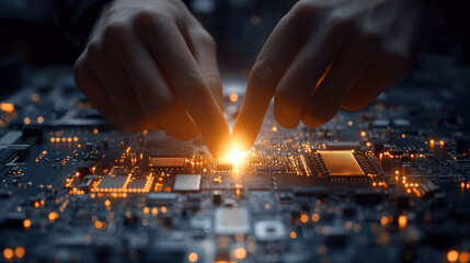 Poster - A person is touching a computer chip with their finger. Concept of curiosity and exploration, as the person is interacting with the technology