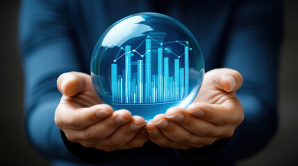 Poster - A person is holding a blue glass ball with a city skyline inside. Concept of innovation and progress, as the city skyline represents the growth and development of a community