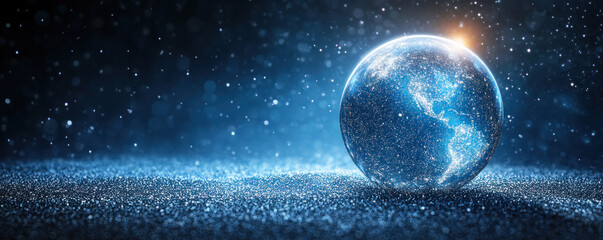 Poster - A globe is surrounded by a blue and white background. The globe is surrounded by a lot of glitter, giving it a shiny and sparkling appearance. Concept of wonder and fascination with the world