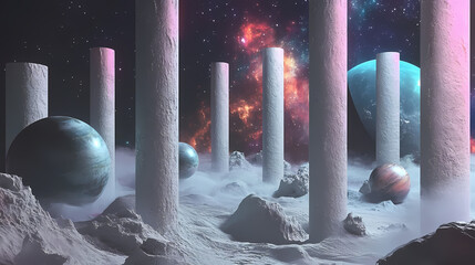 Wall Mural - A gravity-defying landscape of pillars and planets, situated in a celestial space setting. Cosmic Pillar. Illustration