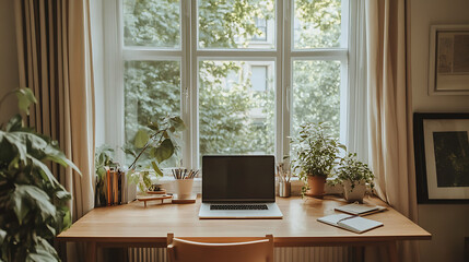 A laptop sits on a wooden desk in front of a window with potted plants