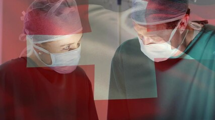 Poster - Surgeons performing surgery in OR, with Union Jack overlay highlighting medical technology