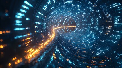 Aufkleber - futuristic digital tunnel with glowing blue and orange light effects creating dynamic perspective th