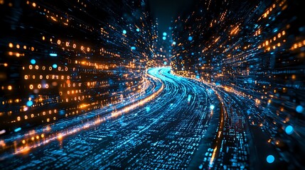 Poster - Abstract digital tunnel with glowing blue and orange light trails creating dynamic motion effect through cyberspace. Technology concept for network speed and data flow.